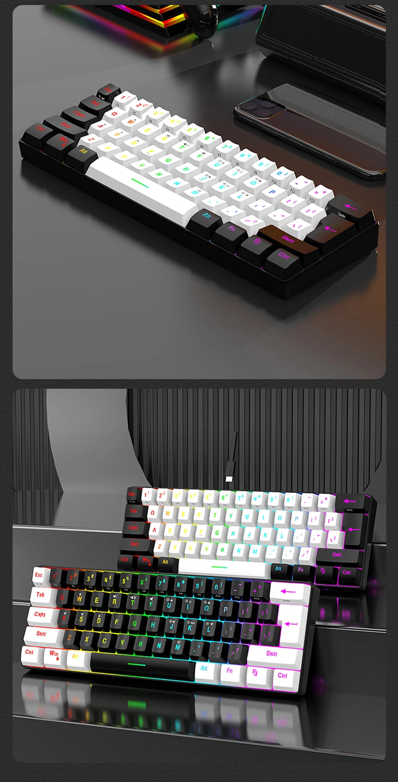 61-key wired white, black and blue switch waterproof mechanical keyboard RGB illuminated game and office kit PUBG gamer backlit