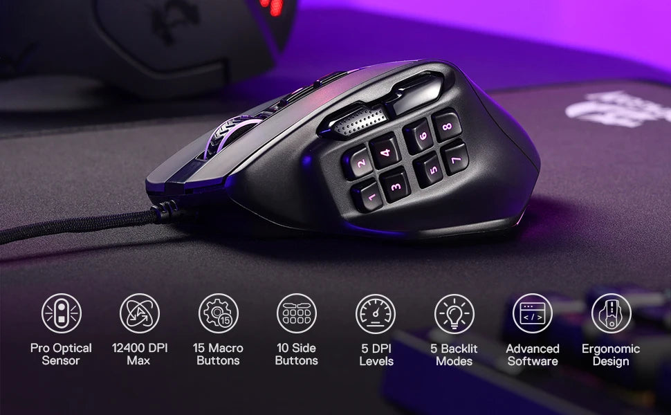 Redragon M811 Aatrox MMO -pelihiiri, 15 ohjelmoitavaa painiketta, langallinen RGB-pelihiiri ergonomisella luonnollisella otteella