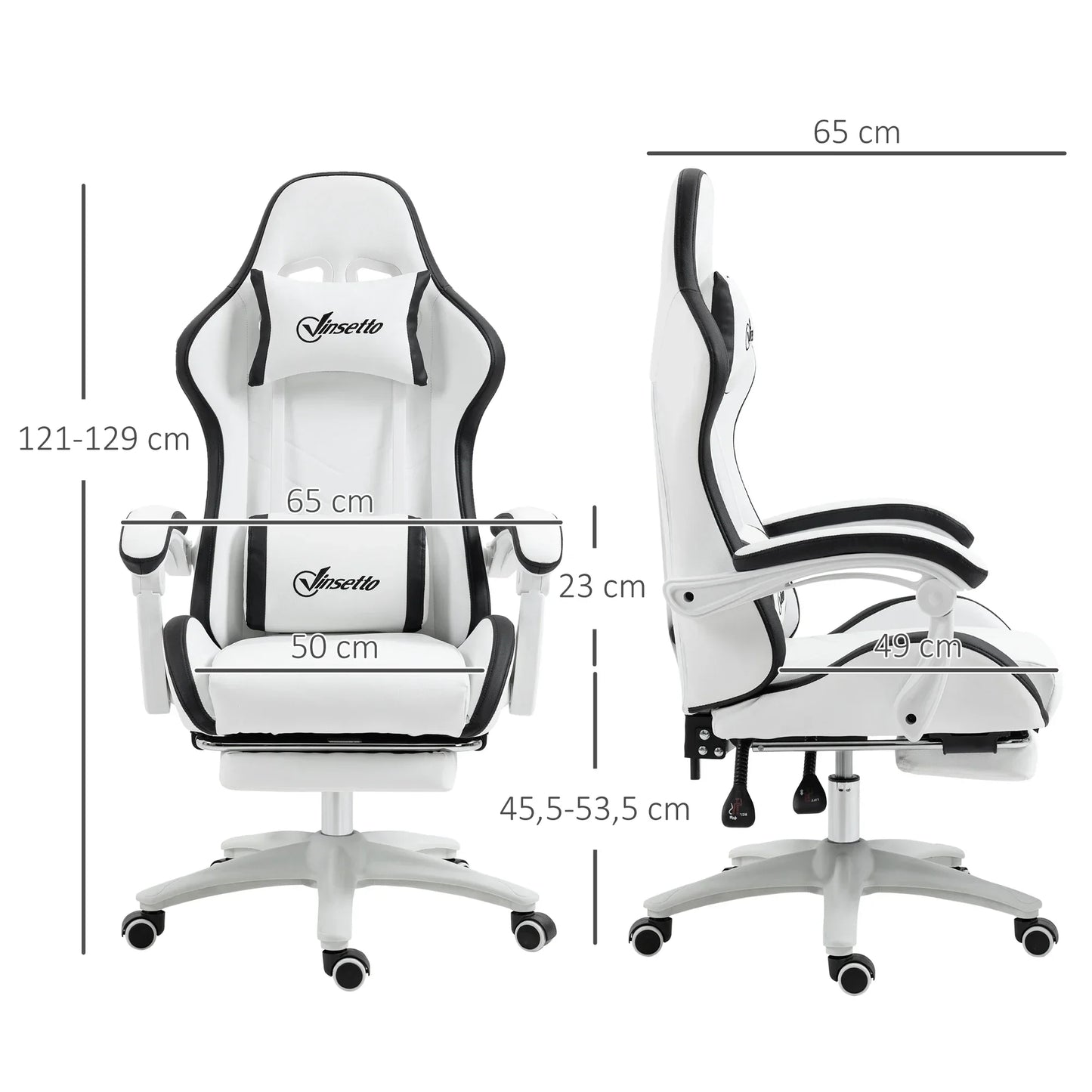 Leather Gaming Chair 135° Reclining with Retractable 360° Swivel Height Ergonomic White Contrast Edge Office Chair 120KG Capacity