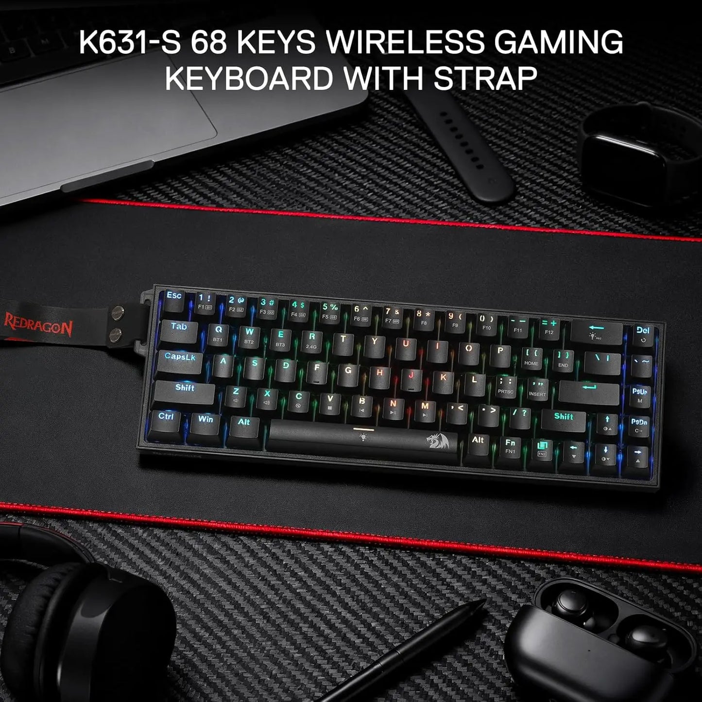 Redragon K631 PRO 65% 3-Mode Wireless RGB Gaming Keyboard, 68 Keys Hot-Swappable, Compact Mechanical Keyboard with Hot-Swappable