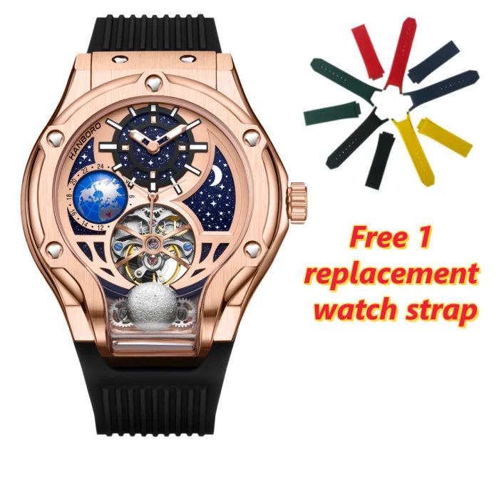 ase Autoy HANBORO Men’s Luxury Automatic Skeleton Watch Rose Gold Starry Sky Moon Phase Mechanical WristwatchHollow Flywheel Moon Phxury Space Theme Sports Watch 980