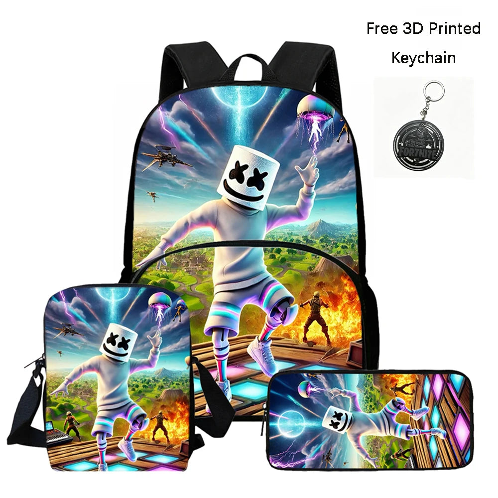 FORTNITE 3Pcs School Backpack Set,Front Pocket Bag Crossbody Pencil Case,Age5-10 Boys Girls Lightweight,Free 3D Printed Keychain