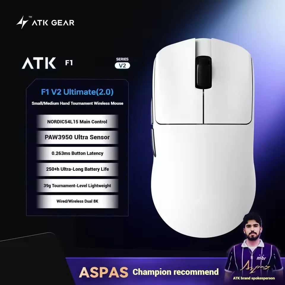 ATK Blazing Sky F1 V2 Ultra Max безжична геймърска мишка с двоен режим, олекотена, PAW3950Ultra, Dual 8K, ниска латентност, ергономична, екстремна