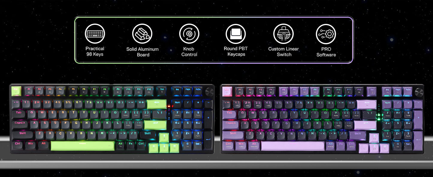 Redragon K740 PRO Wireless RGB Gaming Keyboard, 98 Keys 3-Mode Mechanical Keyboard with Aluminum Base, Hot-Swappable PBT Keycaps, Bluetooth/2.4G/USB-C