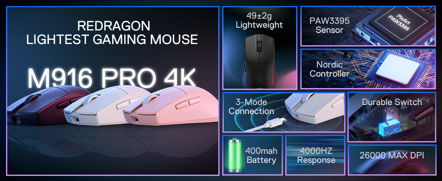 Redragon M916 PRO 3-tilainen langaton pelihiiri, Hype-Speed 4K -kyselytaajuus, 49G ultrakevyt 26K DPI -pelihiiri