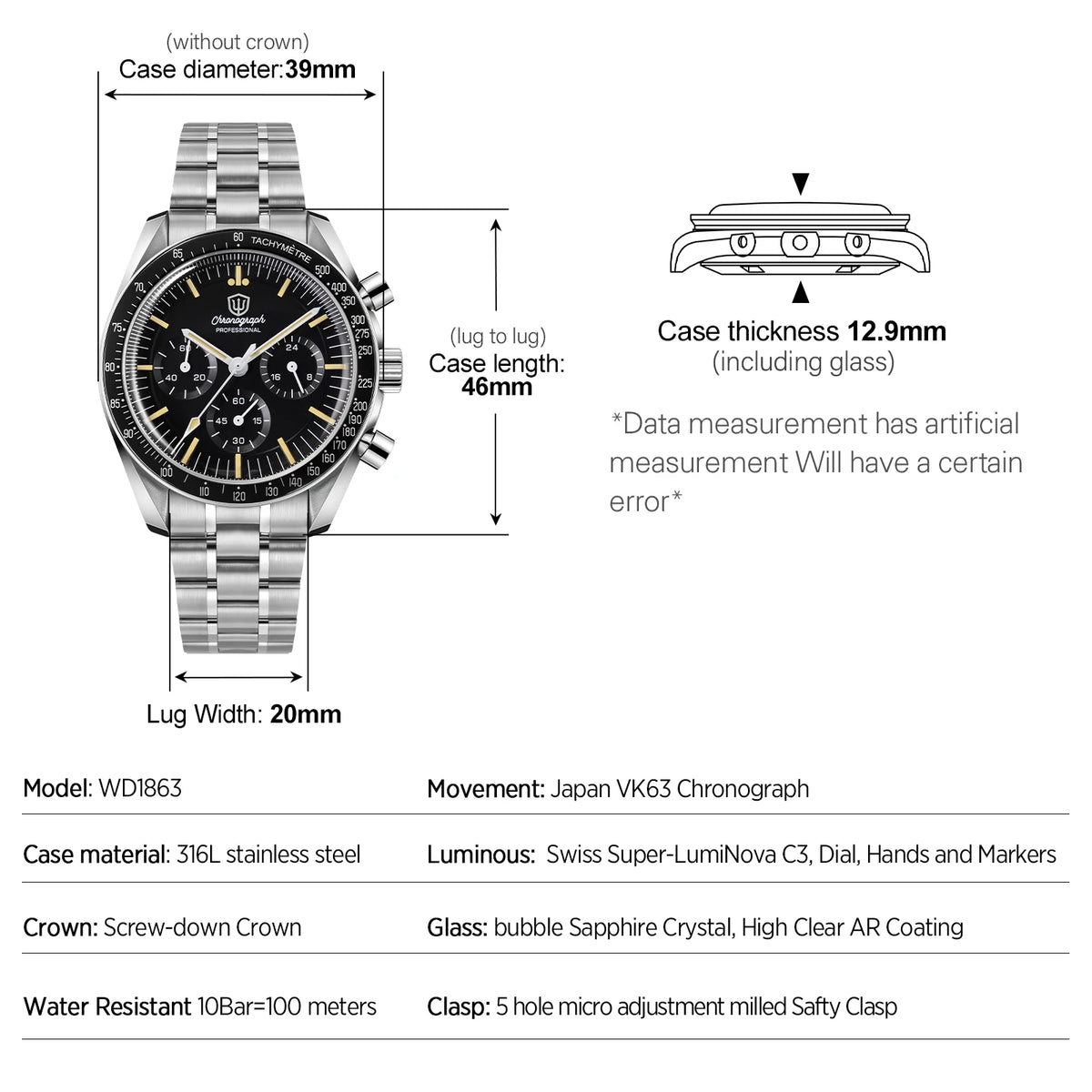 Watchdives WD1863 Watch VK63 Quartz Chronograph Movement Bubble Sapphire Crystal 100m Waterproof Luminous 39mm Vintage Watches