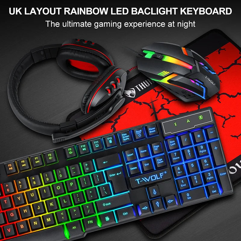 Arabic English Keyboard Spanish Russian Arabic Keyboard Mouse Kit 100% Keyboard ISO Layout 104 Keys Rainbow Backlight Gaming T20
