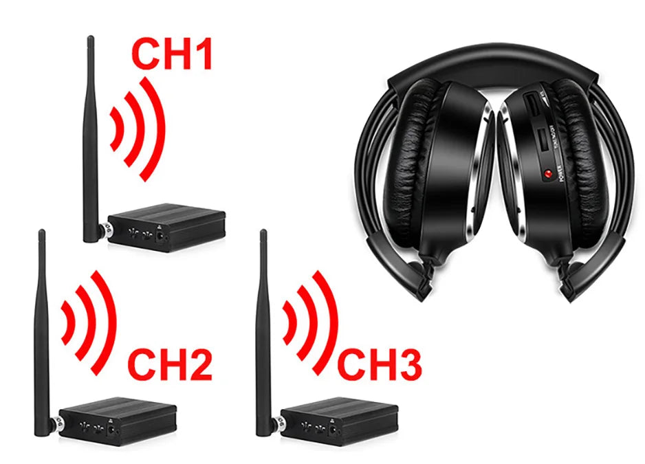 RF Silent Disco Foldable Wireless Headphones Bundle 3 Pack with 500m Transmitter, Stereo Party Headsets for TV, DJ, Dance & Events