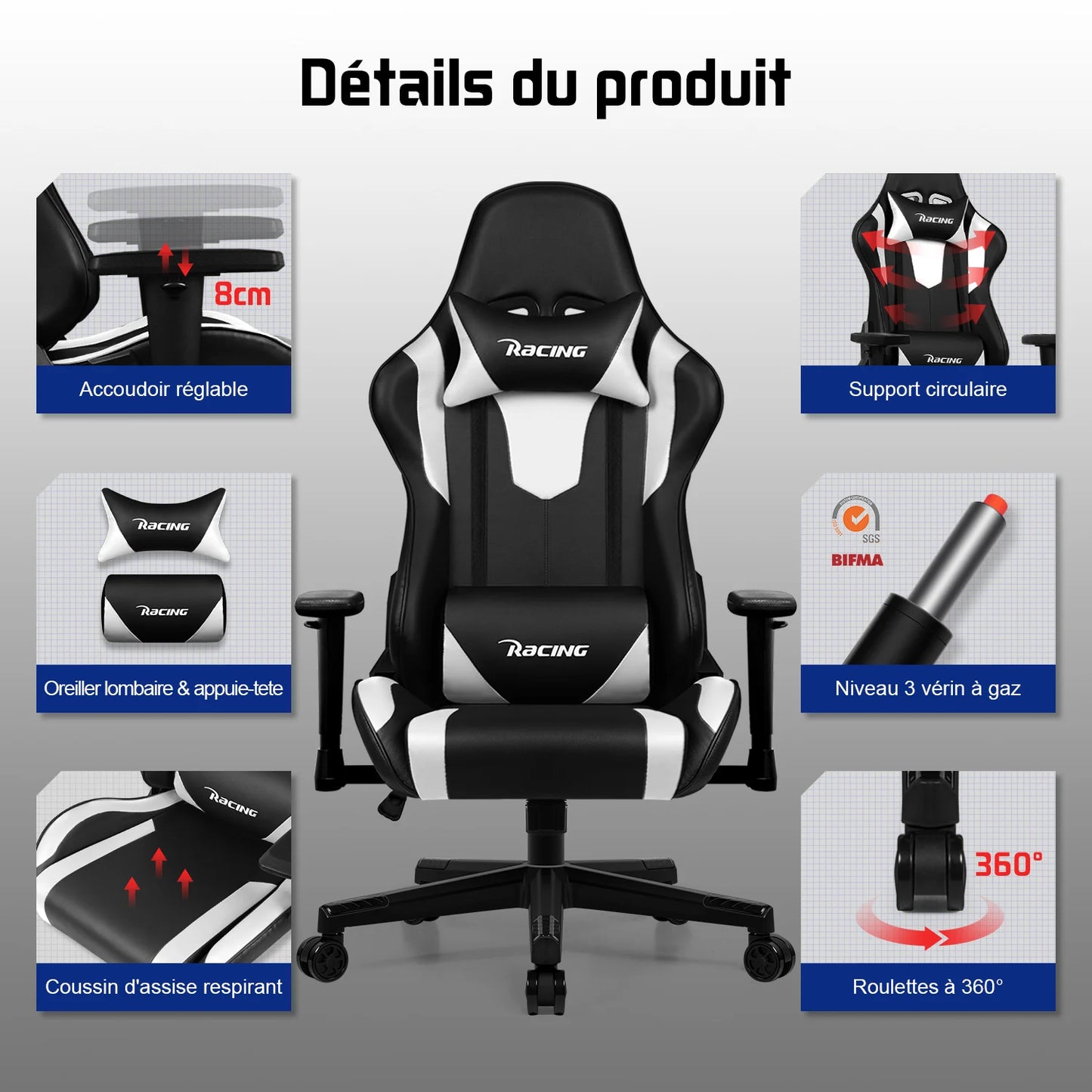 Hiazurm Office chair, Gaming chair for adults with adjustable backrest and armrests, Gaming chair with 3D wing contour design, Ergonomic office chair with S-shaped back support, Gaming chair with one-piece steel frame