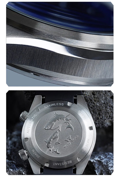 WM Watch Automatic Mechanical Watch Hardened Mineral Glass Hardlex 200M WR 316L Stainless Steel Welly Merck Watches 089M-WM