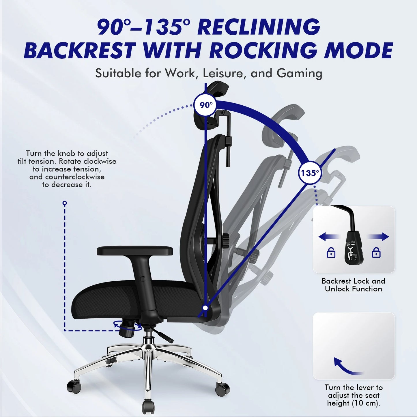 Hiazurm Office Chair Ergonomic, Desk Chair with Lumbar Support 3D, Height-adjustable Office Chairs for Home with Adjustable Headrest and Armrests, Computer Chairs Ideal for Company, Home and Gaming