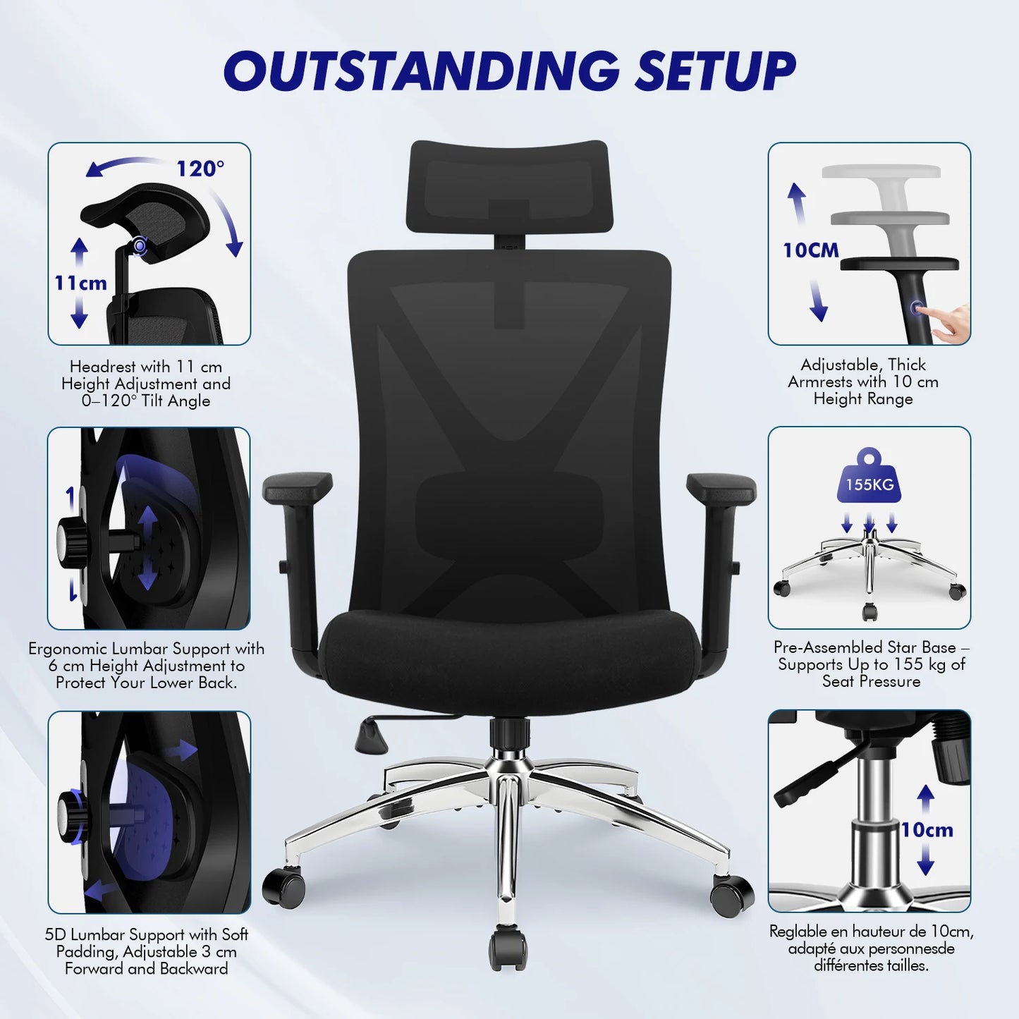 Hiazurm Office Chair Ergonomic, Desk Chair with Lumbar Support 3D, Height-adjustable Office Chairs for Home with Adjustable Headrest and Armrests, Computer Chairs Ideal for Company, Home and Gaming