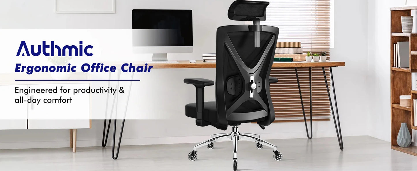 Hiazurm Office Chair Ergonomic, Desk Chair with Lumbar Support 3D, Height-adjustable Office Chairs for Home with Adjustable Headrest and Armrests, Computer Chairs Ideal for Company, Home and Gaming