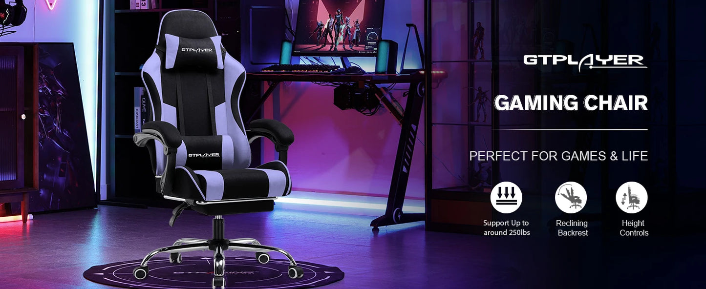 GTPLAYER Office Chair Gaming Chair Fabric Gaming Armchair Ergonomic Gamer Chair Footrest Headrest Lin Pillow Padded