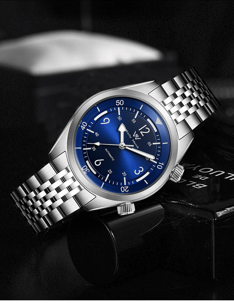 WM Watch Automatic Mechanical Watch Hardened Mineral Glass Hardlex 200M WR 316L Stainless Steel Welly Merck Watches 089M-WM