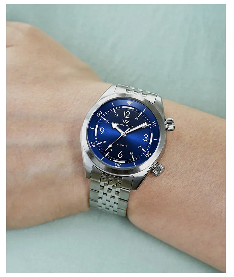 WM Watch Automatic Mechanical Watch Hardened Mineral Glass Hardlex 200M WR 316L Stainless Steel Welly Merck Watches 089M-WM