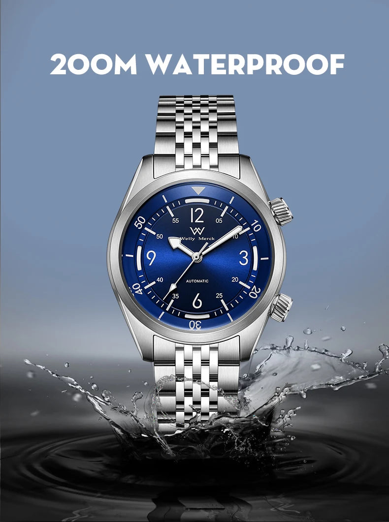 WM Watch Automatic Mechanical Watch Hardened Mineral Glass Hardlex 200M WR 316L Stainless Steel Welly Merck Watches 089M-WM