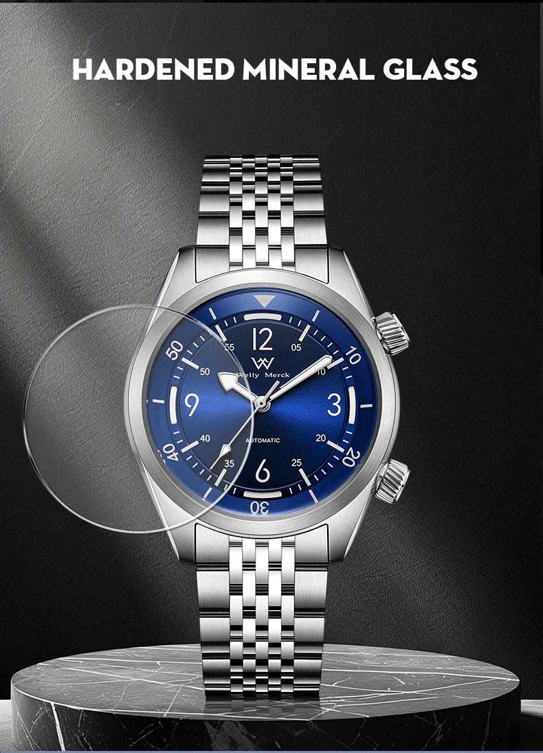 WM Watch Automatic Mechanical Watch Hardened Mineral Glass Hardlex 200M WR 316L Stainless Steel Welly Merck Watches 089M-WM