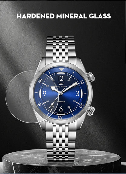 WM Watch Automatic Mechanical Watch Hardened Mineral Glass Hardlex 200M WR 316L Stainless Steel Welly Merck Watches 089M-WM