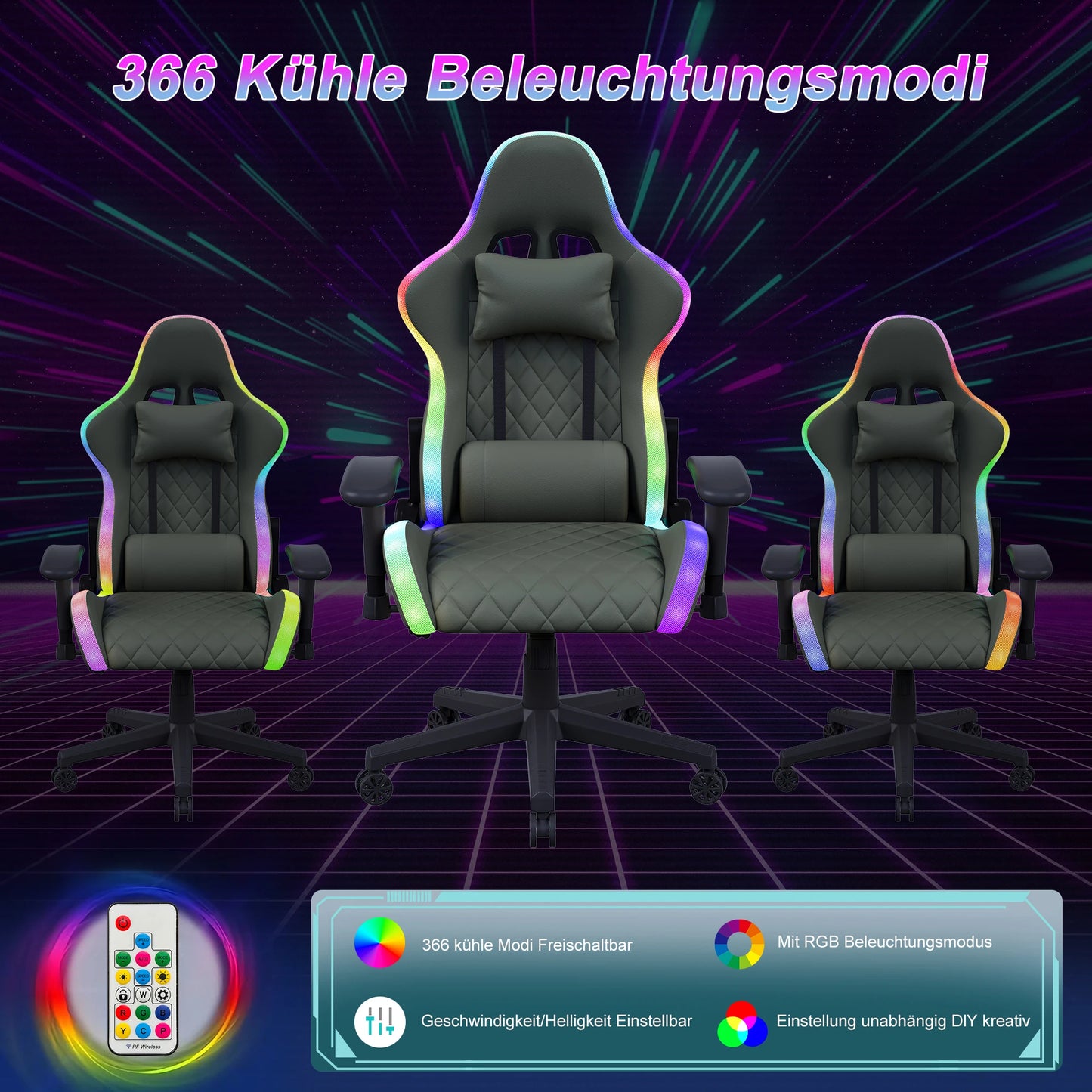 Comanlai Ergonomic Gaming Chair with RGB Lighting, PVC Leather Computer Chair, Adjustable Seat Height and Backrest, Waist Massage