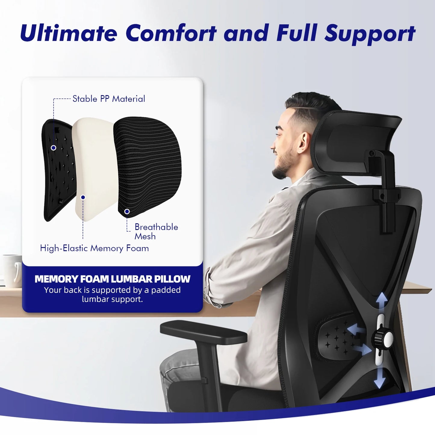 Hiazurm Office Chair Ergonomic, Desk Chair with Lumbar Support 3D, Height-adjustable Office Chairs for Home with Adjustable Headrest and Armrests, Computer Chairs Ideal for Company, Home and Gaming