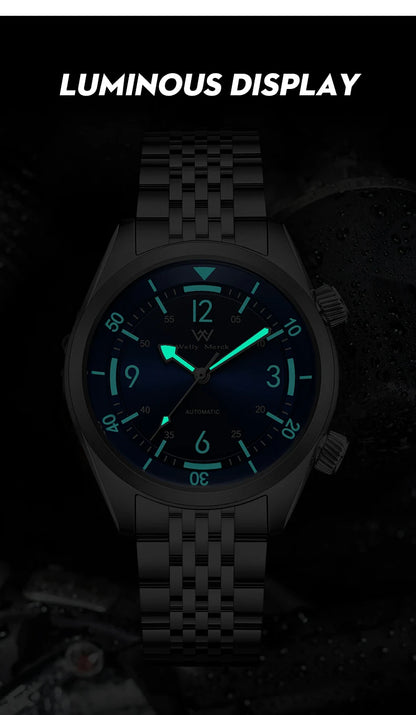 WM Watch Automatic Mechanical Watch Hardened Mineral Glass Hardlex 200M WR 316L Stainless Steel Welly Merck Watches 089M-WM