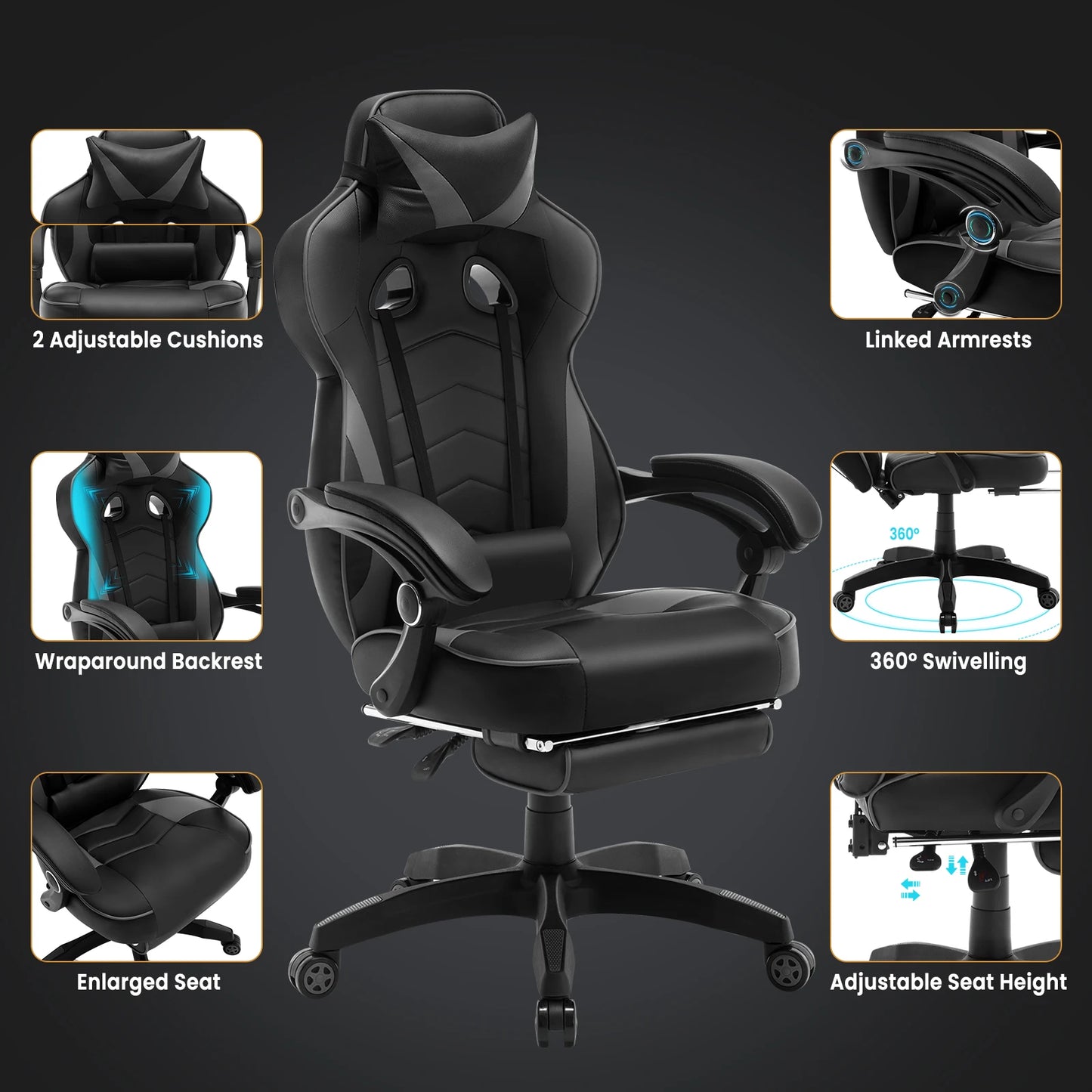 WOLTU Swivel Gaming Racing Chair Desk Office Computer Chair Sports Seat with Headrest Lumbar Cushion Footrest Gamer Chair