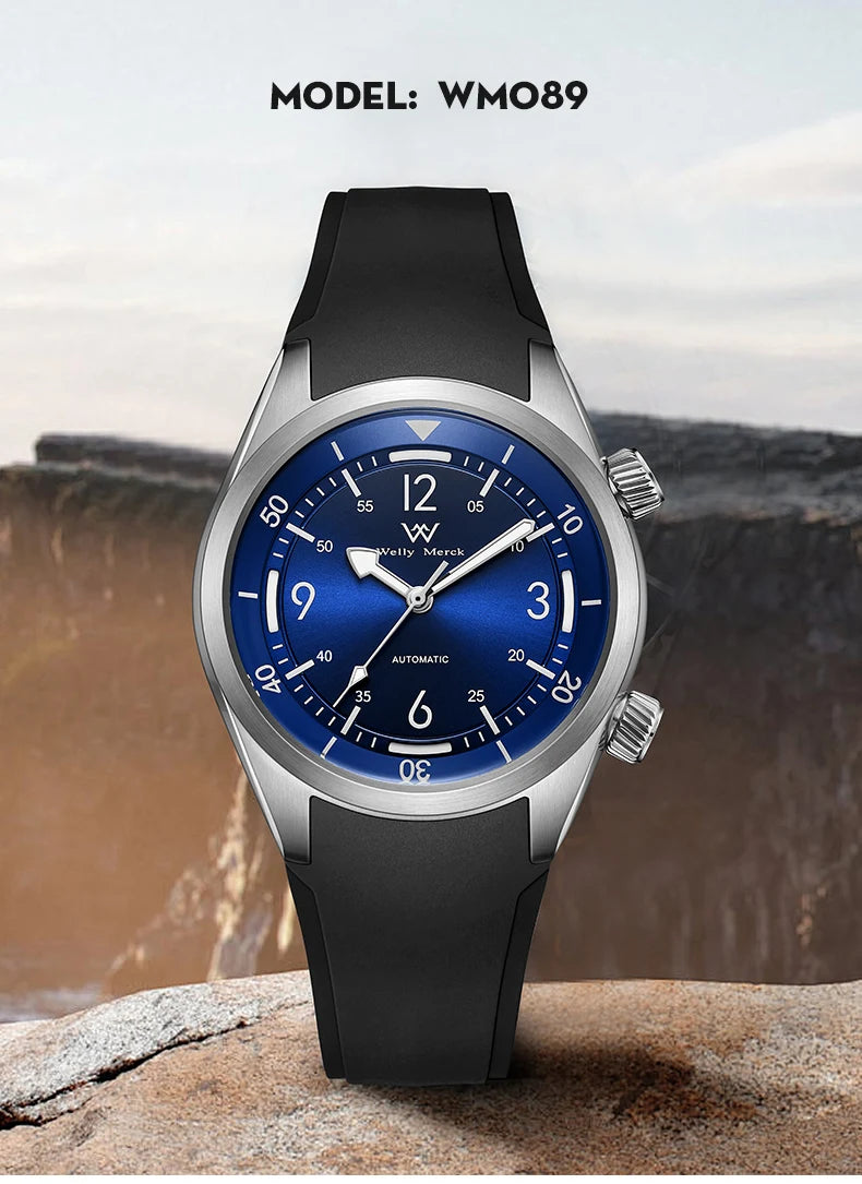 WM Watch Automatic Mechanical Watch Hardened Mineral Glass Hardlex 200M WR 316L Stainless Steel Welly Merck Watches 089M-WM