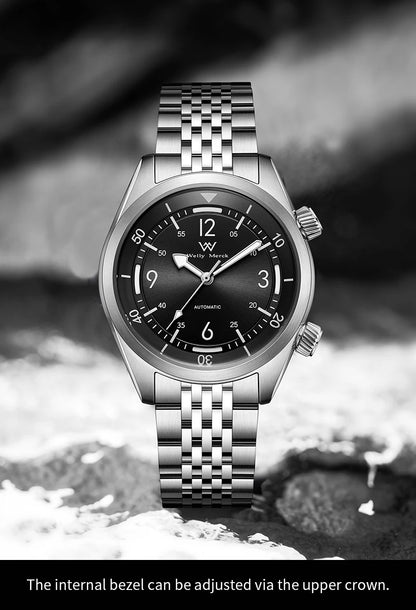 WM Watch Automatic Mechanical Watch Hardened Mineral Glass Hardlex 200M WR 316L Stainless Steel Welly Merck Watches 089M-WM