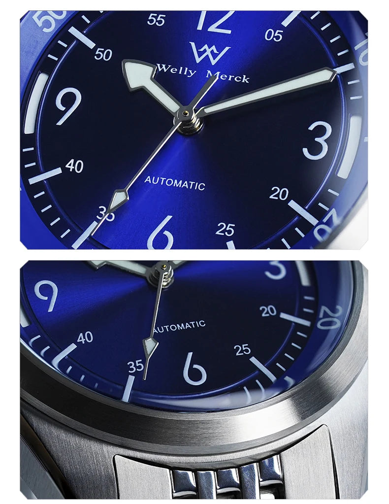 WM Watch Automatic Mechanical Watch Hardened Mineral Glass Hardlex 200M WR 316L Stainless Steel Welly Merck Watches 089M-WM