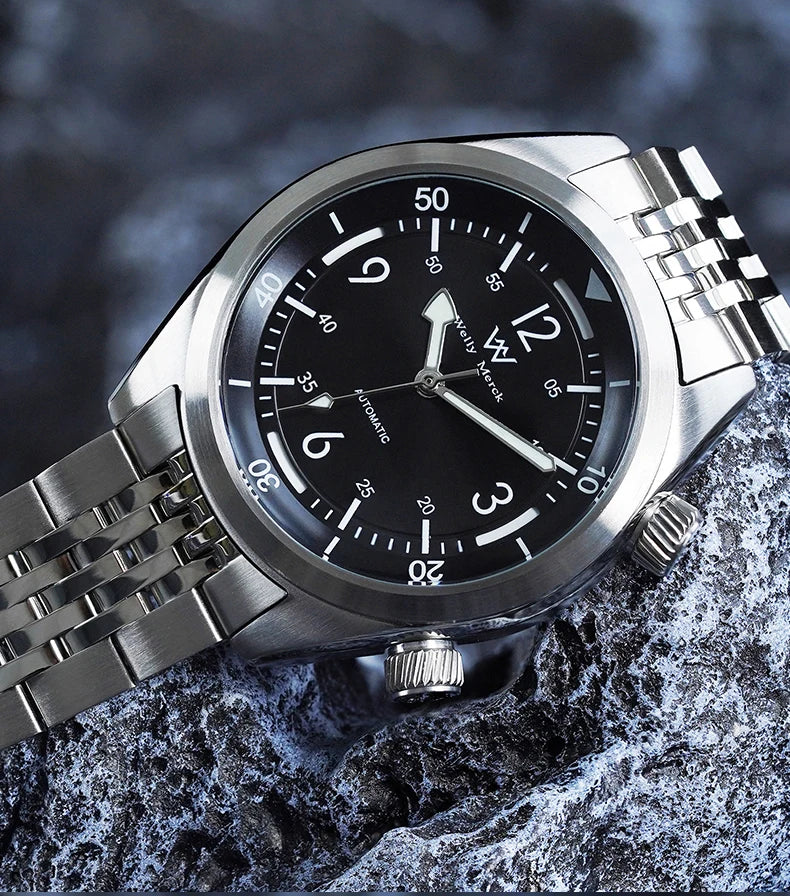 WM Watch Automatic Mechanical Watch Hardened Mineral Glass Hardlex 200M WR 316L Stainless Steel Welly Merck Watches 089M-WM