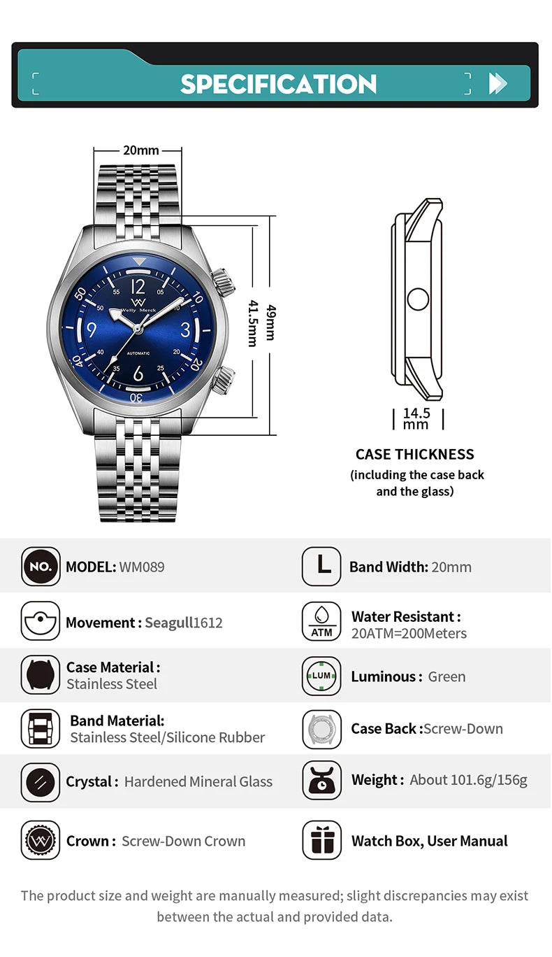 WM Watch Automatic Mechanical Watch Hardened Mineral Glass Hardlex 200M WR 316L Stainless Steel Welly Merck Watches 089M-WM