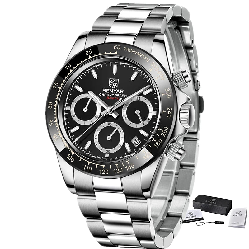 BENYAR herenhorloges – Luxe chronograaf, sportief model, waterdicht, van roestvrij staal, met quartz uurwerk