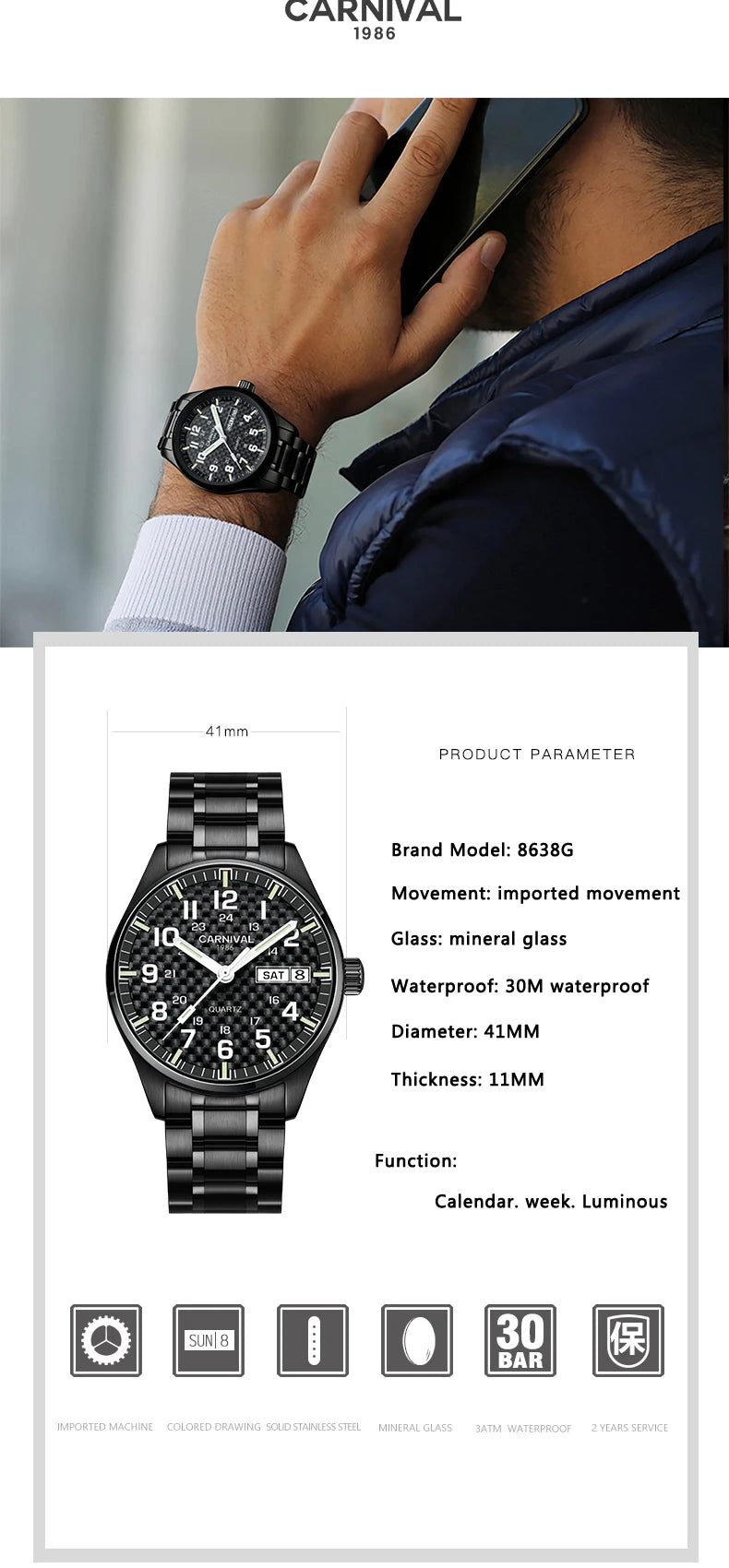 CARNIVAL Luxury Brand Watch Men Quartz Watches Luminous Hands Waterproof Solid Stainess Steel Men's Clock Relogio Masculino 8638