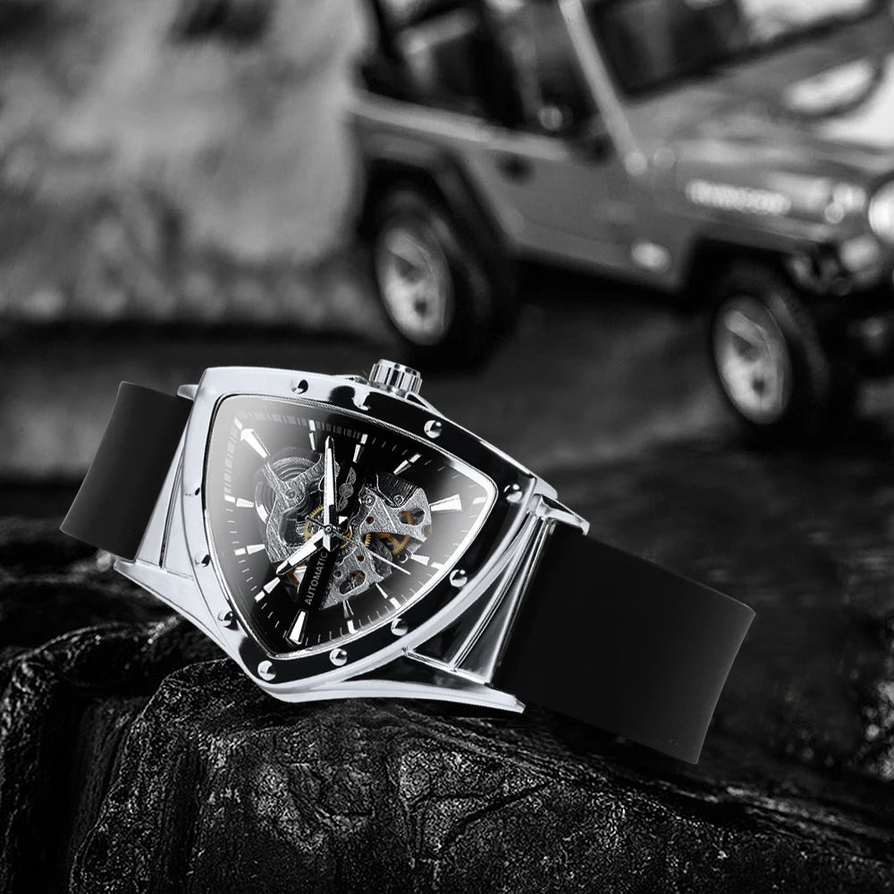WINNER automatisk herreur, trekantet skeletdesign, selvlysende visere, gummiarmbånd, militærstil, luksuriøst mekanisk ur