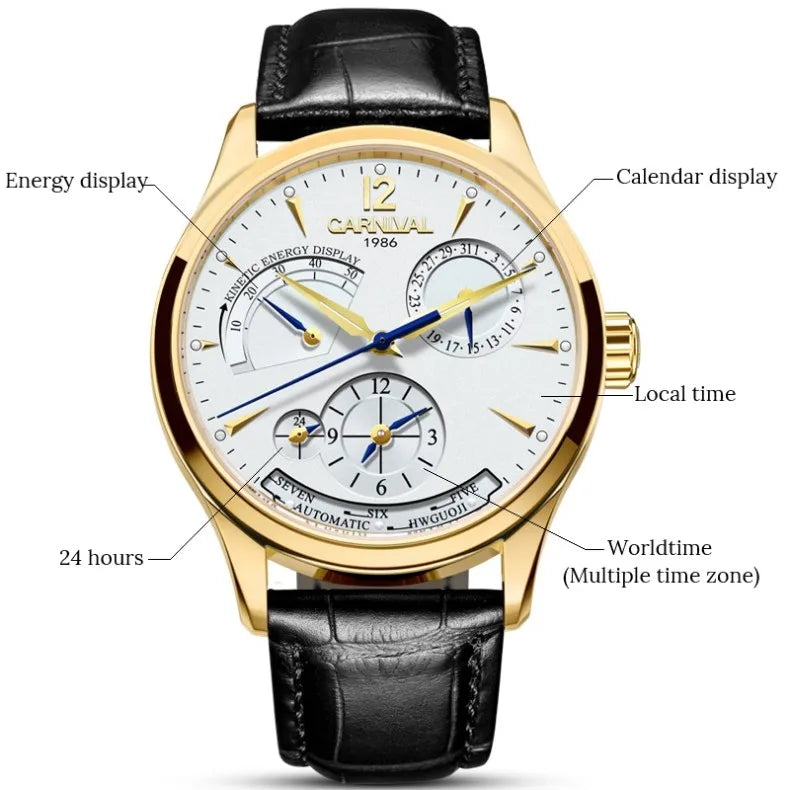 CARNIVAL New Dual Time Zone Watches for Men Automatic Multifunction Men Mechanical Wristwatches Sapphire Calendar Montre Homme