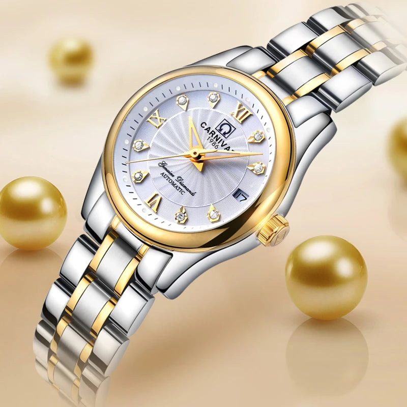 Montre mécanique de luxe pour femme de la marque CARNIVAL – Montre-bracelet automatique, élégante, dotée d'un verre saphir et étanche