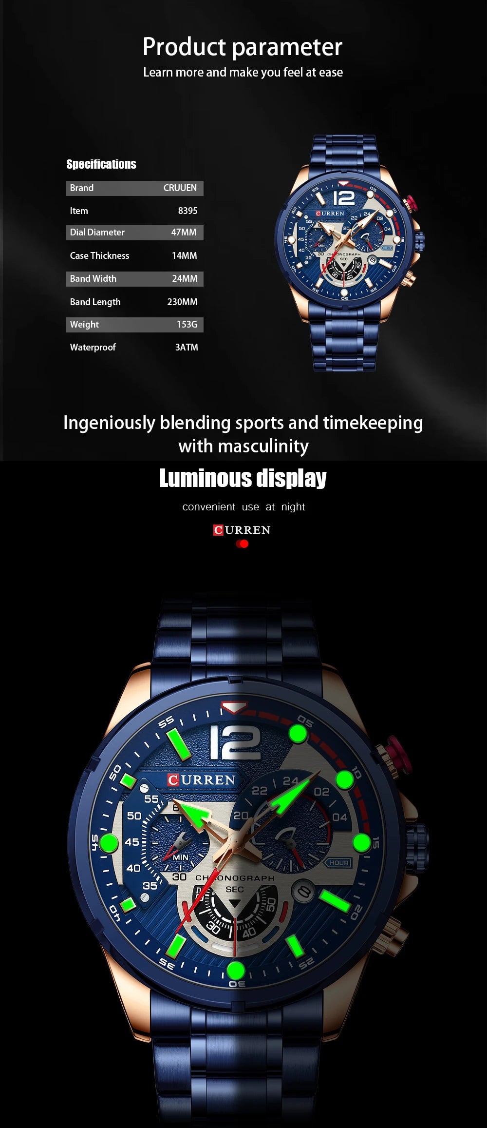 CURREN Men’s Luxury Quartz Chronograph Watch  Sport Design, Waterproof & Date Display