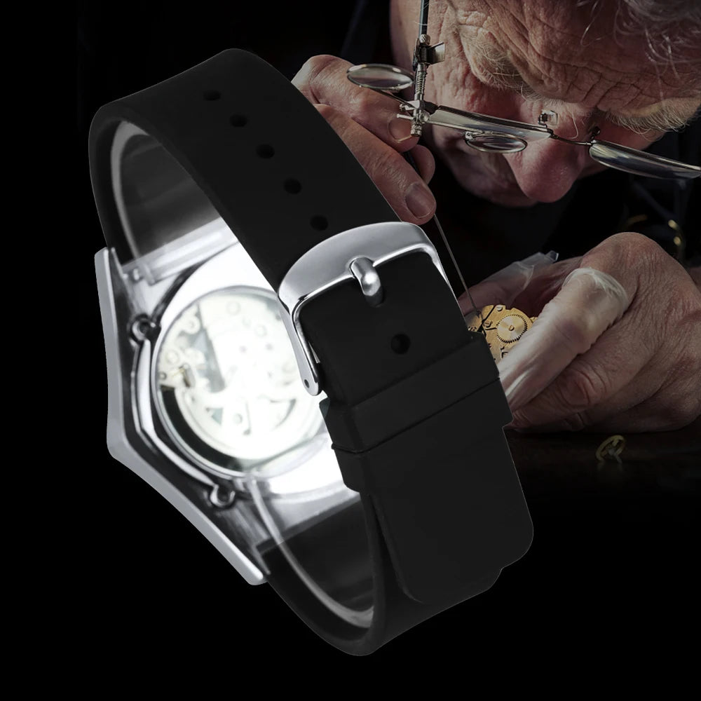 WINNER automatisk herreur, trekantet skeletdesign, selvlysende visere, gummiarmbånd, militærstil, luksuriøst mekanisk ur
