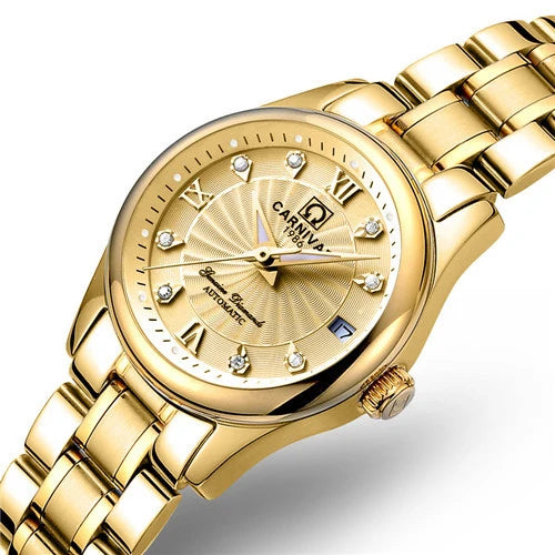 Orologio da polso meccanico da donna del marchio CARNIVAL – Modello elegante, movimento automatico, vetro zaffiro, impermeabile.