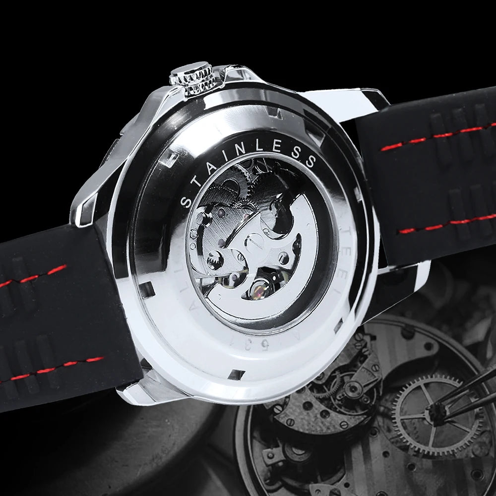 Reloj automático para hombre WINNER: modelo mecánico esqueleto, agujas luminiscentes, correa de caucho, estilo deportivo y lujoso, ideal para actividades al aire libre