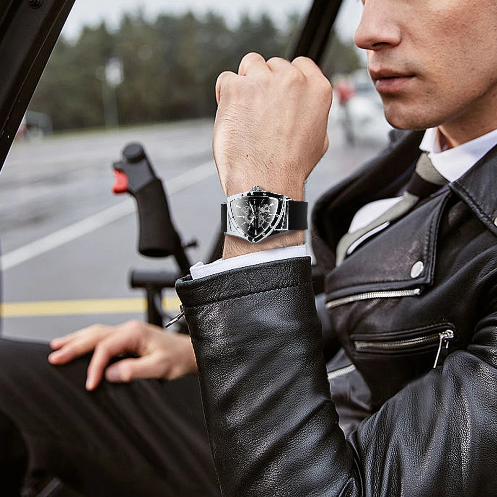 WINNER automatisk herreur, trekantet skeletdesign, selvlysende visere, gummiarmbånd, militærstil, luksuriøst mekanisk ur