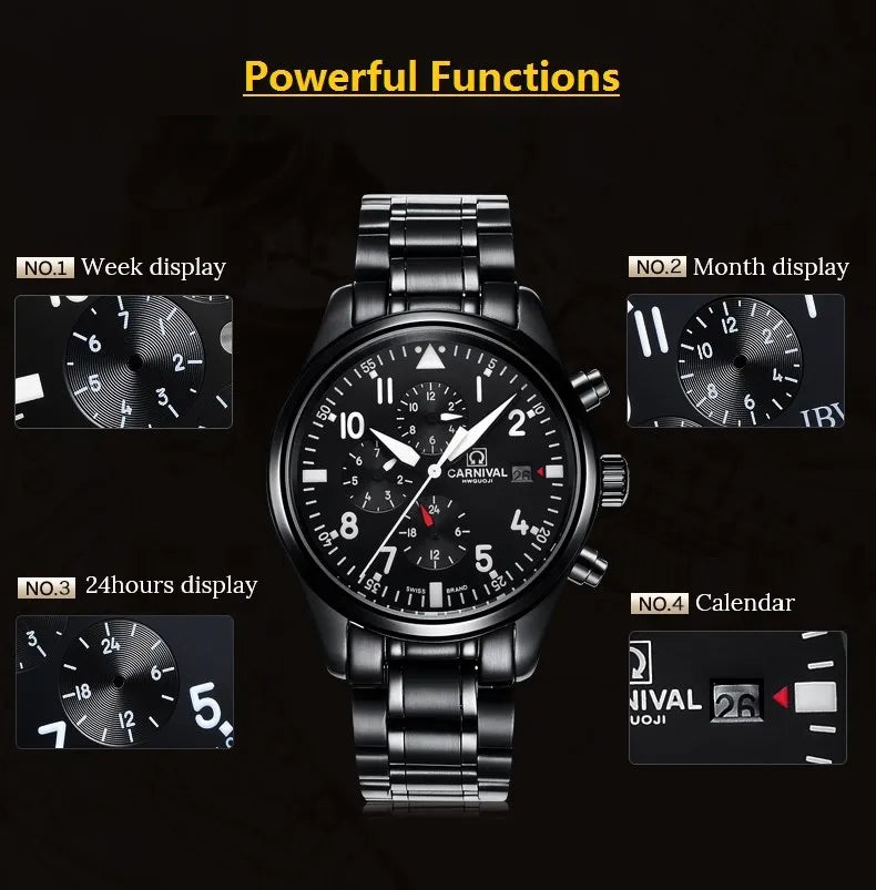 CARNIVAL High Quality Sport Watch 100m Waterproof Swimming Automatic Watch Men 24 Hours Calendar HD Luminous Mechanical Watches