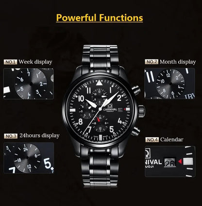 CARNIVAL High Quality Sport Watch 100m Waterproof Swimming Automatic Watch Men 24 Hours Calendar HD Luminous Mechanical Watches
