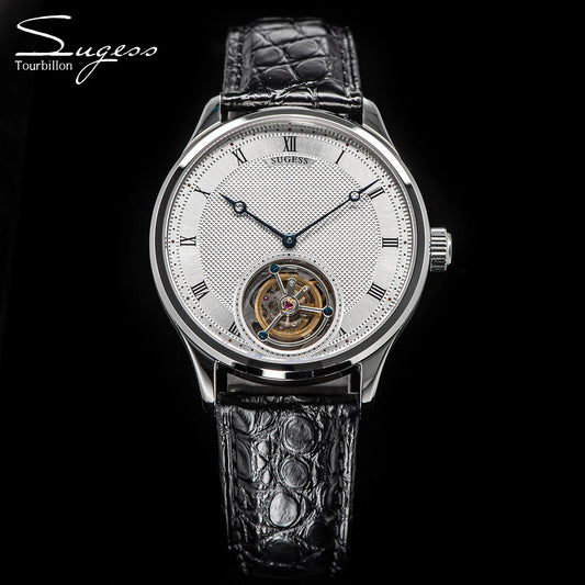 Sugess Tourbillon Men Watches ST8230 Genuine Tianjin Movement Mechanical Vintage Skeleton Wristwatch Elegant Crocodile Leather