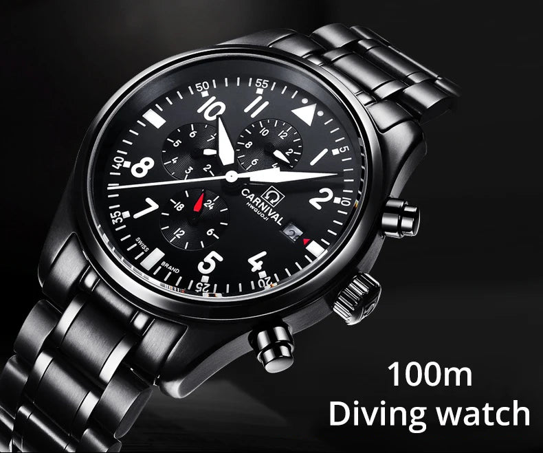 CARNIVAL High Quality Sport Watch 100m Waterproof Swimming Automatic Watch Men 24 Hours Calendar HD Luminous Mechanical Watches