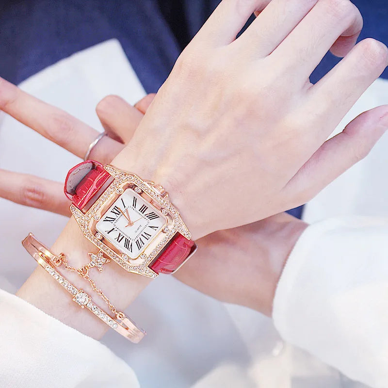 Square Women Watches Waterproof Luxury Rhinestone Quartz Wristwatch PU Leather Ladies Watch Female Ladies Watch Gift Wrist Watch