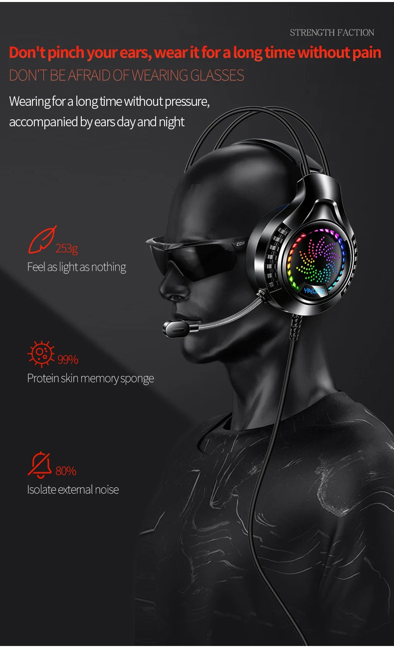 RGB Gaming Headset with Microphone 7.1 Surround Sound Wired Headphones for PC PS5 Laptop, USB Stereo Gaming Headset with HD Audio