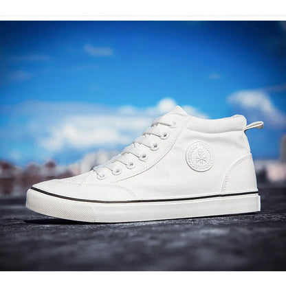 Högskurna canvas-sneakers för män, slip-on, snörningsbara, avslappnade, helt svarta, enkla skateskor för studenter, med platt sula, bekväma sportskor