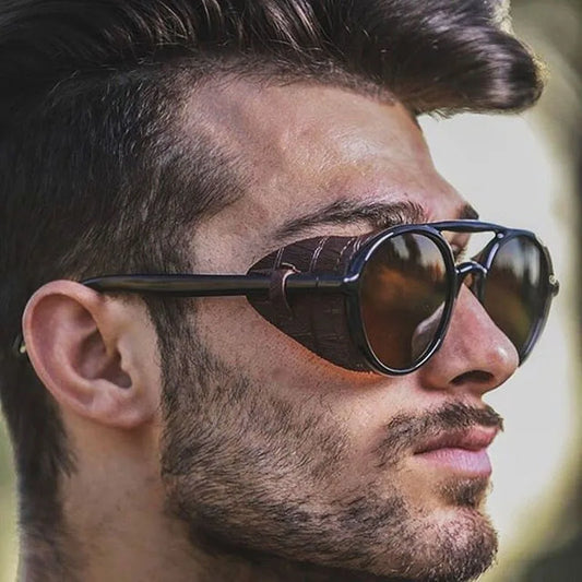 Classic Brand Design Fashion Round Steampunk Sunglasses Men Women Vintage Punk Leather Wrap Sun Glasses For Male Retro Goggle